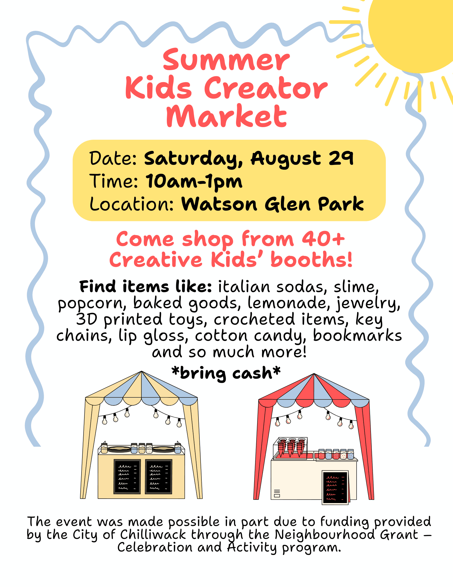 Summer Kids Creator Market poster with two colourful market stalls